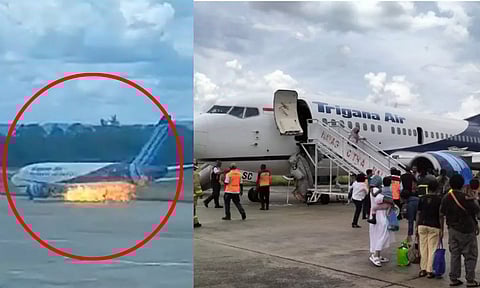 தீப்பிடித்து எரிந்த விமான என்ஜின்.. அலறியடித்து வெளியேறிய பயணிகள் - அதிர்ச்சி வீடியோ