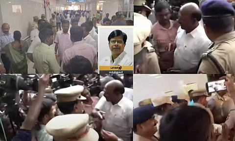 சென்னை கிண்டி அரசு மருத்துவமனை வளாகத்தில் போராட்டத்தில் ஈடுபட்ட மருத்துவர்கள்