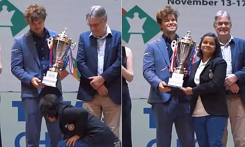 கார்ல்சன் காலைத் தொட்டு கும்பிட்ட இளம் செஸ் வீராங்கனை.. ஜாம்பவான் கொடுத்த செம ரியாக்ஷன் - வீடியோ