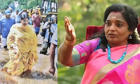 முழங்கால் அளவு தண்ணீரில் நடந்தபடி மழை பாதிப்பில்லை என்பது தான் திராவிட மாடலா? கனிமொழி எம்.பி.க்கு தமிழிசை கேள்வி