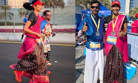 மாரத்தான் ஓட்டம்: பாரம்பரிய உடையில் ஓடி தமிழக தம்பதியினர் சாதனை