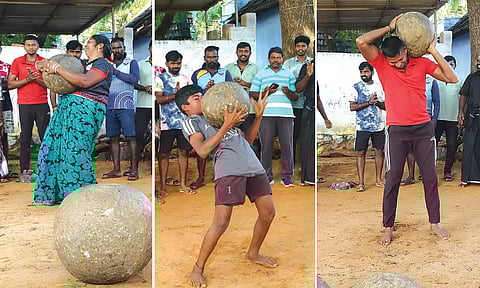 வடலிவிளை கிராமத்தில் இளவட்டக்கல் தூக்கும் பயிற்சியில் ஈடுபட்ட பெண், வாலிபர்களை காணலாம்.