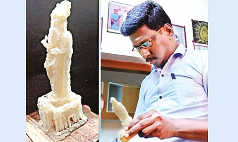 அரிசியில் உருவான 3 அங்குல உயர திருவள்ளுவர் சிலை- ஆசிரியர் அசத்தல்