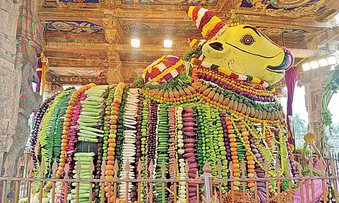 மாட்டுப்பொங்கலை முன்னிட்டு தஞ்சை பெரிய கோவில் மகாநந்திக்கு காய்கறி, பழங்களால் சிறப்பு அலங்காரம்