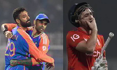 கொல்கத்தா டி20: இந்திய பந்து வீச்சை தாக்குப்பிடிக்க முடியாமல் 132 ரன்னில் சுருண்டது இங்கிலாந்து