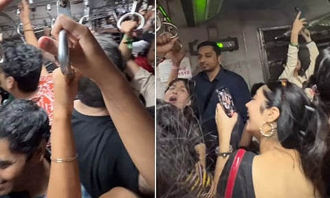 ரெயில் கூட்ட நெரிசலில் பாடி மகிழ்ச்சியான பயணிகள்- வீடியோ வைரல்