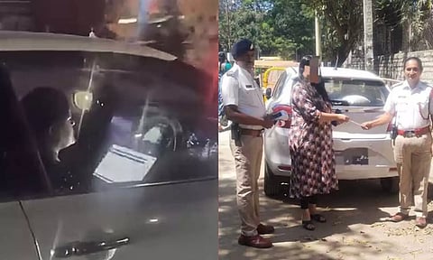 கார் ஓட்டும் போது லேப்டாப்பில் வேலை.. பெண்ணிற்கு அபராதம் விதித்த போலீஸ்