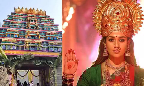 பிரமாண்டமான கோவில் செட்- கோலாகலமாக நடைபெற்ற 'மூக்குத்தி அம்மன் 2' பட பூஜை