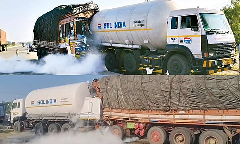 ஆக்சிஜன் ஏற்றி வந்த லாரி மீது மற்றொரு லாரி மோதி விபத்து- கியாஸ் கசிந்ததால் பரபரப்பு