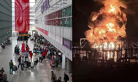பயங்கர தீ விபத்து : லண்டன் விமான நிலையம் மூடல் - பயணிகள் வெளியேற்றம்