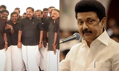 கருப்பு சட்டை அணிந்து வந்த அ.தி.மு.க.வினர்... இ.பி.எஸ் காவி உடையில் வராதது மகிழ்ச்சி - மு.க.ஸ்டாலின்