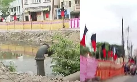 மதுரையில் தி.மு.க. பொதுக்குழு: முதலமைச்சர் ரோடு ஷோவிற்காக கால்வாய் திரையிட்டு மறைப்பு