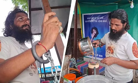 வரதட்சணை புகார்... மாமனார் வீட்டின் முன்பு கைவிலங்குடன் டீ விற்று மருமகன் நூதன போராட்டம்