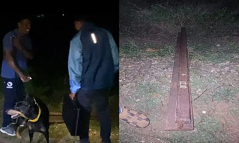 மோப்ப நாய் மூலம் துப்பு துலக்கிய போலீசார் - தண்டவாளத்தில் வைக்கப்பட்டு இருந்த இரும்பு துண்டு 