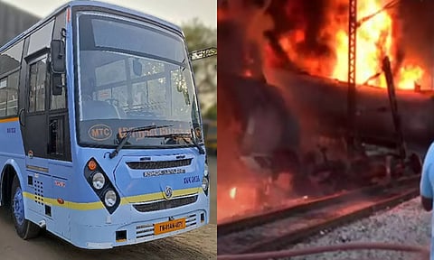 சரக்கு ரெயிலில் தீ விபத்து ஏற்பட்டு ரெயில் சேவை பாதிப்பு - சிறப்பு பேருந்துகள் இயக்கம்