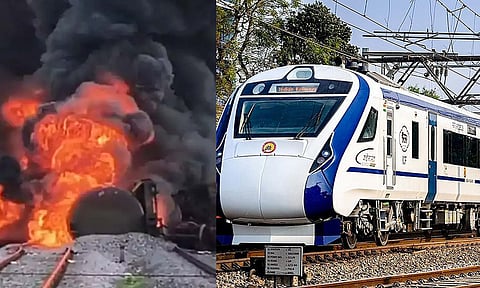 திருவள்ளூர் அருகே சரக்கு ரெயில் தீப்பிடித்து விபத்து- 17 மணி நேரத்திற்கு பின்பு ரெயில்கள் இயக்கம்