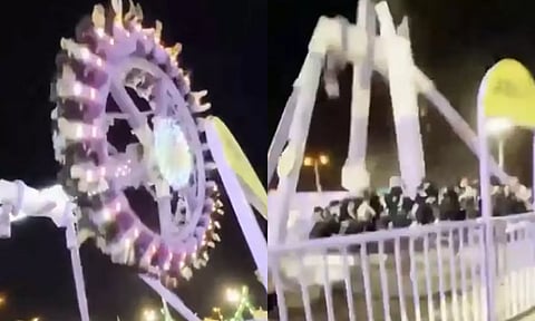 சவாரியின் போது இரண்டாக உடைந்து விழுந்த ராட்டினம்.. அலறியடித்த மக்கள் - பரபரப்பு வீடியோ