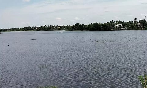 தஞ்சை சமுத்திரம் ஏரியில் தண்ணீர் அதிகம் உள்ளதால் கடல்போல் காட்சியளிக்கிறது.