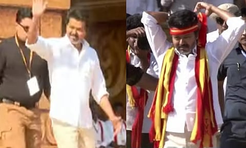 மாநாட்டு திடல் மேடையில் த.வெ.க. தலைவர் விஜய் "ரேம்ப் வாக்"- தொண்டர்கள் ஆரவாரம்