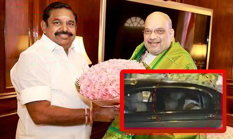 அமித்ஷாவுடன் சந்திப்பு: கைக்குட்டையால் முகத்தை மறைத்துக்கொண்டு வெளியேறிய இ.பி.எஸ்.