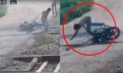 VIDEO: மூடிய ரெயில்வே கேட்டை கடக்க முயன்ற இளைஞர்.. ரெயில் மோதி பரிதாப பலி