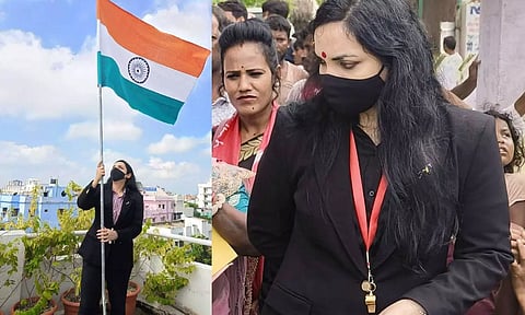 கருப்பு ஆடை, மாஸ்க் அணிந்து வரும் பெண் தலைவர்: யார் இந்த புஷ்பம் பிரியா சவுத்ரி?