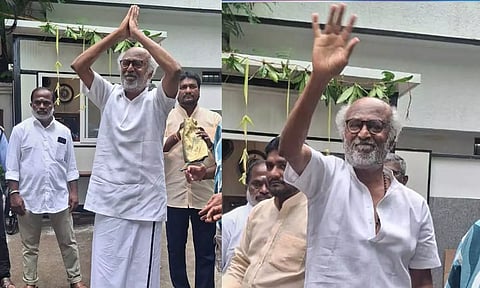 தன் வீட்டின் முன் குவிந்திருந்த ரசிகர்களுக்கு தீபாவளி வாழ்த்து தெரிவித்தார் ரஜினிகாந்த்