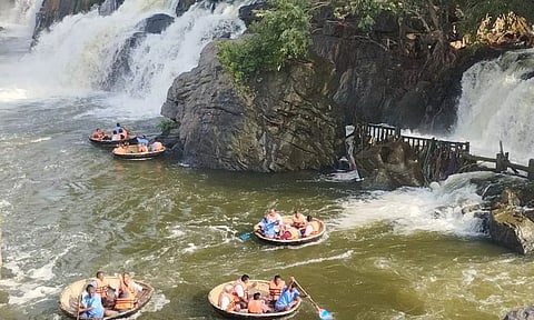 ஒகேனக்கல் காவிரி ஆற்றில் சுற்றுலா பயணிகள் பரிசல் பயணம் மேற்கொள்வதை காணலாம்.