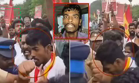 போராட்டத்தில் காவலரின் கையைக் கடித்த தவெக தொண்டர் கைது