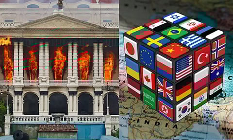 இடது - நேபாளில் போராட்டக்காரர்களால் தீவைத்து எரிக்கப்பட்ட பாராளுமன்ற கட்டடம்