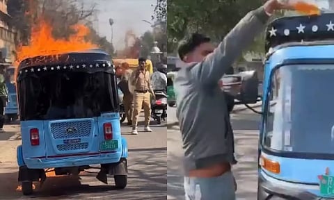 மைலேஜ் கம்மி... ஷோரூம் முன்னாலேயே மின்சார ஆட்டோவை தீ வைத்து கொளுத்திய நபர் - வீடியோ