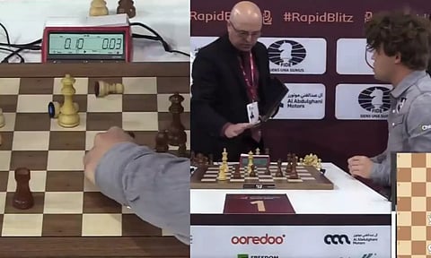 காய்களை தள்ளிவிட்டு சிக்கலில் சிக்கிய கார்ல்சென்- வைரல் வீடியோ