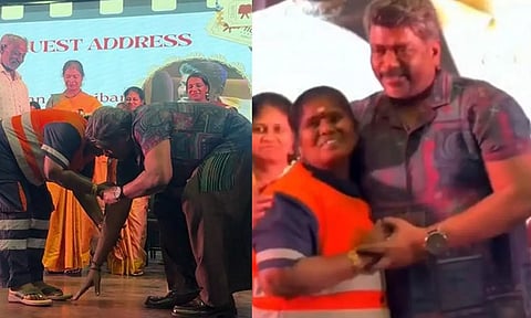 தூய்மை பணியாளர் பத்மாவின் பாதம் தொட்டு... நடிகர் பார்த்திபன் நெகிழ்ச்சி செயல்