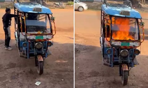 ஷோரூம் முன்பு சொந்த ரிக்ஷாவை தீ வைத்து எரித்த பெண்