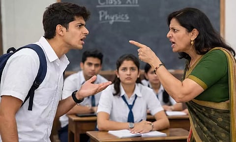 என்னை கேள்வி கேட்க நீ யார்?... தேர்வுக்கு தாமதமாக வந்துவிட்டு ஆசிரியர் கன்னத்தில் பளார்... மாணவர் கைது!