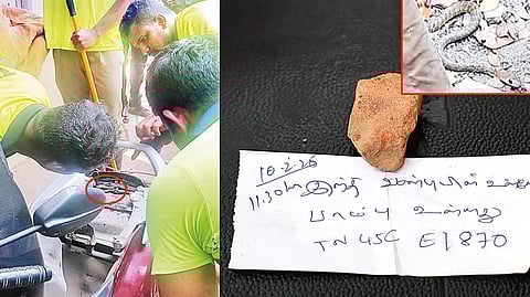 இப்படியும் உதவலாம்: ஸ்கூட்டரில் எழுதி வைத்த துண்டுச்சீட்டால் சிக்கிய பாம்பு