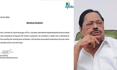 அமைச்சர் துரைமுருகன் கால் வலி காரணமாக மருத்துவமனையில் அனுமதி