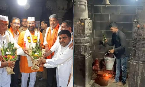 கோவிலில் வழிபாடு செய்த முஸ்லீம் எம்எல்ஏ.. கோமியம் தெளித்து 'சுத்தம்' செய்த பாஜகவினர் - வீடியோ