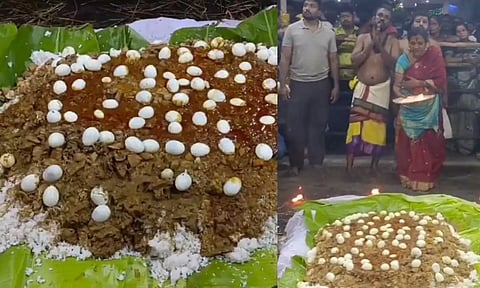 திருவொற்றியூர் அங்காளம்மன் கோவிலில் ஆடு, கோழி, மீன், இறால் என அசைவப் படையல் வைத்து வழிபாடு