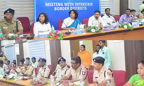 கோவையில் இன்று தமிழக-கேரள எல்லையோர கலெக்டர்கள், போலீஸ் அதிகாரிகள் ஆலோசனை கூட்டம் நடந்தபோது எடுத்தப்படம்.