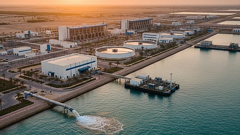 Aerial view of a sprawling coastal desalination plant at sunset.