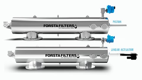 A side-by-side comparison image of two Forsta LP180 Series self-cleaning filters. The top filter is labeled 'PISTON' and shows the hydraulic piston actuation mechanism.