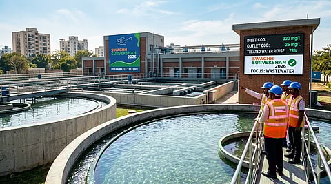 Aerial photograph of a modern municipal sewage treatment plant featuring large circular clarifiers and a team of Indian sanitation engineers on a walkway reviewing data.
