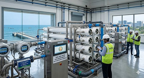 Inside a massive desalination plant, highlighting complex pressure vessels and high-pressure piping used to convert seawater into potable water in Chennai, Tamil Nadu.