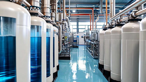 A high-tech industrial display of AdiMem brand Reverse Osmosis (RO) and Ultrafiltration (UF) membrane modules inside a modern manufacturing plant in Gujarat, featuring a 'Made in India' seal and a graphic overlay highlighting 90% water recovery efficiency