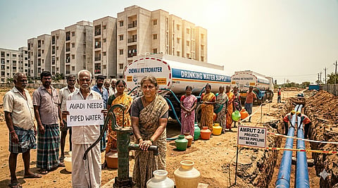 A realistic depiction of an urban water crisis in Avadi, Chennai, showing local residents standing near a "Chennai Metrowater" drinking water tanker and a dry handpump, contrasted with an ongoing "AMRUT 2.0" water pipeline construction trench.