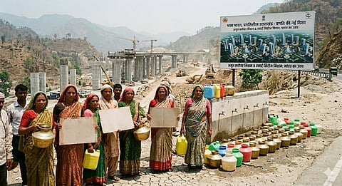 A photojournalistic, wide-angle shot set in a parched, mountainous region of India. In the foreground, a group of South Asian village women in traditional sarees stand alongside a dry communal water tap facility, holding up blank rectangular cardboard placards.