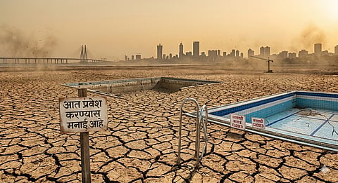 The modern Mumbai skyline is a distant mirage across a vast, cracked earth desert. An empty swimming pool and a 'no entry' Marathi sign illustrate a city cut off from its life-giving waters in a stark commentary on climate change
