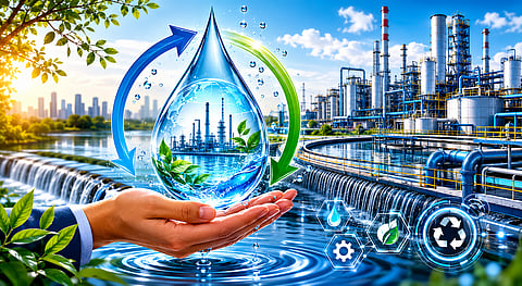 A pair of hands cupping a large, transparent water drop that contains a miniature industrial plant and green leaves. Blue and green recycling arrows circle the water drop.