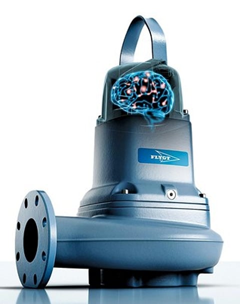 Blue Xylem Flygt Concertor smart wastewater pump with a glowing digital brain graphic inside its upper housing